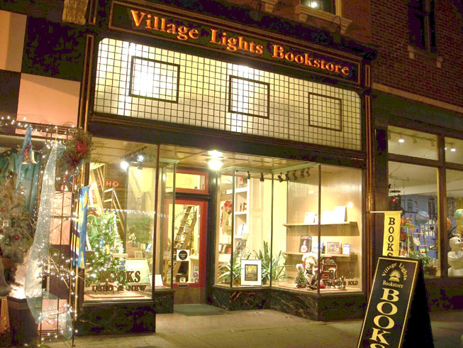Village Lights Bookstore street front view, 110 East Main Street, Madison Historic District, Southern Indiana, where the magic shops