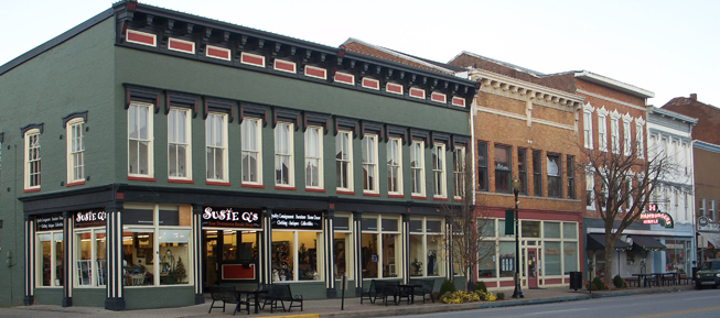 200 Block of West Main Street view Madison Indiana. Susie Q's consignment furniture, home decor, clothing, antiques and collectibles. Senior Center making a difference. Hinkle's Hamburger restaurant's fameous burgers, home fries, and milkshakes. Wanda's Gifts variety shop.