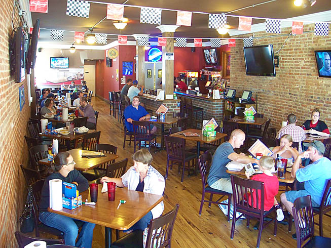 Shooter’s Sports Bar restaurant dining room in Madison Historic District, 101 E. Main Street, Downtown Madison Indiana.