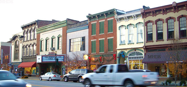 100 Block of East Main Street view Madison Indiana, Shooters family safe non-smoking Sports Bar and Grille Restaurant. Harriettes Knit Knook yarns, knitting, and classes on knitting, crochet, and sock lace, gifts for grandma. Historic Ohio Theatre movies and live shows. Sugar Creek Collectibles antiques, knick knacks, wooden gifts, and variety shop.