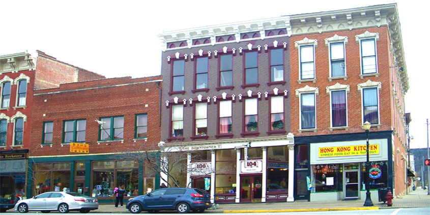 100 Block of East Main Street view Madison Indiana. Cultivate’s indoor nature trail, gifts, books, toys, and the best educational family activities on Earth (formerly known as The Birdhouse wild bird and nature shop). Downtowner restaurant soups, sandwiches, salads and deserts made fresh daily. Hong Kong Kitchen chinese restaurant and take-out Szechwan, Hunan, Cantonese and my favorite the garlic chicken.