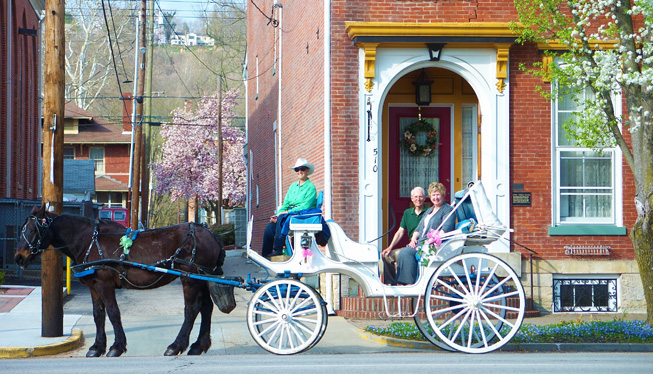 Broomtail Carriage Ride, call for a ride or guided tour, picture taken in front of Azalea Manor Bed and Breakfast in Madison Indiana 47250