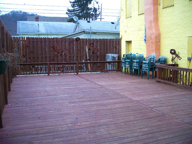 Outdoors private party deck area at The Red Pepper, Deli, Cafe, Catering and Pizza, 902 W. Main Street, Madison Indiana 47250, 812-265-3354.